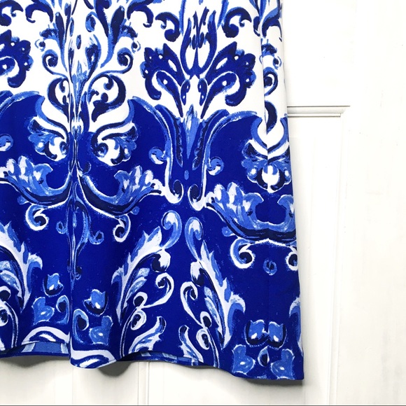 LRL Blue + White Damask Formal Cocktail Dress - Picture 4 of 8